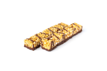 Granola bar with chocolate isolated on white background.