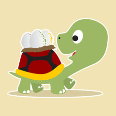 a turtle carry eggs on his back, vector cartoon illustration