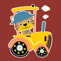 cat the farmer on yellow tractor, vector cartoon illustration