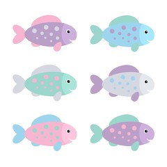 Set of Colorful Fishes. Vector Illustration. Cartoon Style. Decorative Design for Sea Life Illustrations. Posters, Cards, Banners, Fashion. Pastel colors