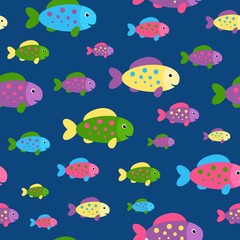 Small colorful cute fishes on blue background. Abstract vector seamless pattern in flat style