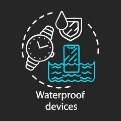 Waterproof devices chalk concept icon. Water resistant gadgets, domestic appliances idea. Moisture protection for watches, smartphones, electronics. Vector isolated chalkboard illustration