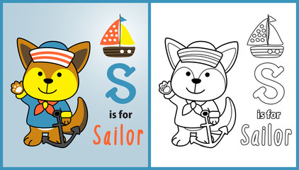 fox the sailor with a sailboat, vector cartoon illustration, coloring page or book