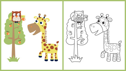 vector cartoon of giraffe with owl on fruit garden, coloring page or book