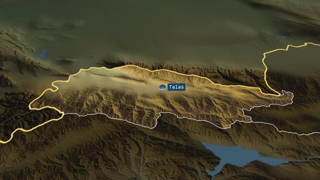 Talas - province of Kyrgyzstan with its capital zoomed on the physical map of the globe. Animation 3D