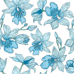 Beautiful orchid seamless pattern on white background © Kusandra