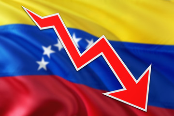 Venezuela economy graph is indicating negative growth, red arrow going down with trend line. Business concept on national background.