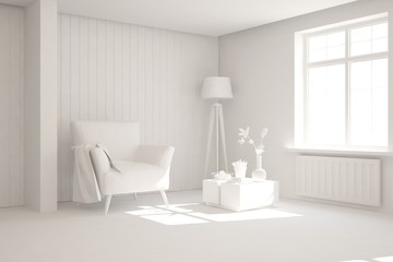Mock up of stylish room in white color with armchair. Scandinavian interior design. 3D illustration