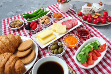 Turkish breakfast on concrete background