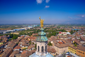 Aerial photography with drone. Church Parrocchia della Nativita di San Giovanni Battista on the mountain in the city of Lonato, Italy