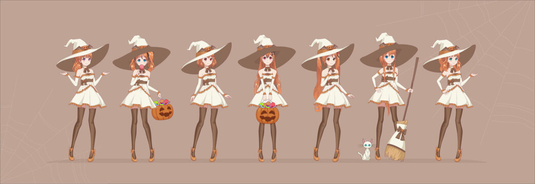 Halloween Anime manga white witch in various poses