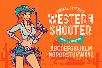 A set of vector wild west theme illustrations. Hand made drawings of a beautiful female shooter, sheriff star, gun, cow skull, cowboy hat and shoe.