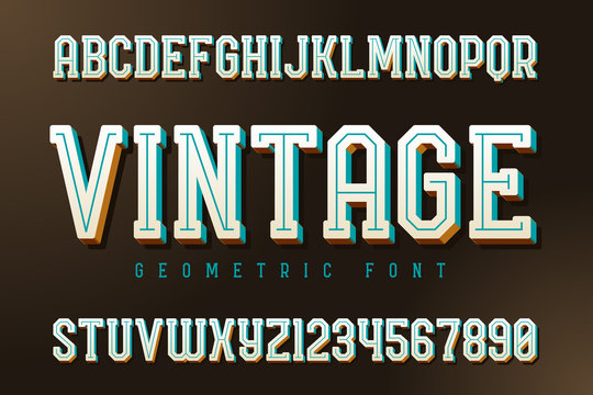 Vintage typeface with extruded 3d effect. Set of letters and numbers.
