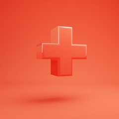Plus symbol. Living Coral font with glossy reflections and shadow