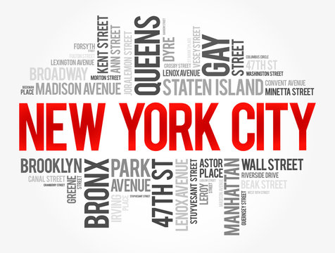 List of streets in New York City, word cloud business and travel concept background