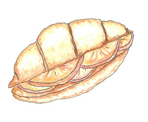 roll croissant with oranges watercolor