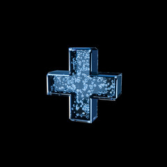 Blue water alphabet with bubbles inside isolated on black background (Plus mark). Crystal clear font. 3D rendering. For advertisement, party, event, placard, celebration, announcement, sale, promotion