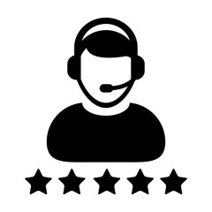Service rating icon vector male support customer care service person profile avatar with a headphone and a star rating for online assistant in glyph pictogram illustration