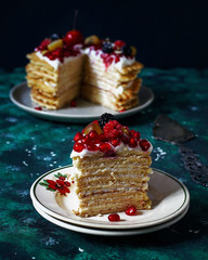 russian waffle cake with sour cream and berries