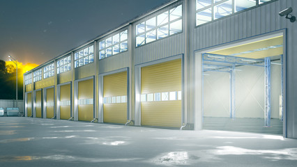 Hangar night exterior with rolling gates. 3d illustration