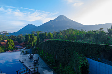 Mount Penanggungan view behind the pool
