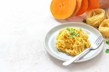 Pumpkin alfredo fettucine pasta in a ceramic plate on white background with fresh raw butternut squash slices. Autumn meal for lunch.Butternut squash recipe.Space for copy and text.Fettuccine pasta