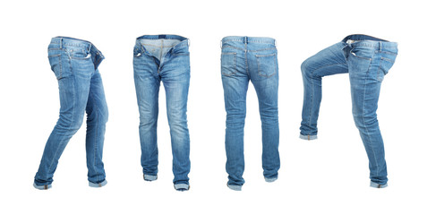 Blank empty jeans pants leftside, rightside, frontside and backside in moving isolated on a white background - obrazy, fototapety, plakaty