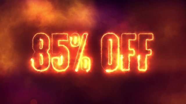 85 percent off burning text symbol in hot fire on black sale  background