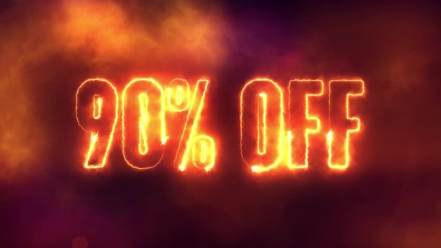 90 percent off burning text symbol in hot fire on black sale  background