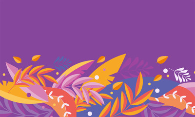 Horizontal banner of autumn leaves on a purple background. Naive, cute, simply style. Vector illustration with floral elements. 