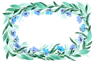 Fototapeta na wymiar watercolor frame with blue flowers, isolated on white background. Perfectly for Mother's Day, wedding, birthday, Easter, Valentine's Day. Pastel colors. Spring. Summer.