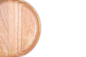 Top view of empty wooden plate isolated on white background.