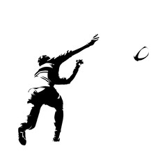Rugby player throwing ball, comic style, ink drawing. Abstract isolated silhouette. Rear view