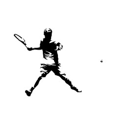 Tennis player forehand shot, isolated vector silhouette. Comic ink drawing