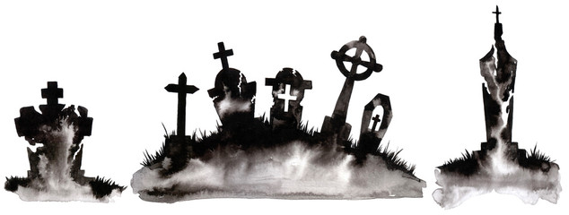 Watercolor silhouette of a tree and grave. Wonderful postcard on halloween