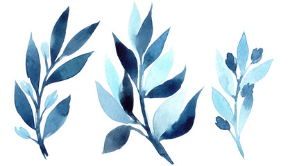 Hand drawn watercolor illustration of abstract blue branch. Elements for design of invitations, movie posters, fabrics and other objects