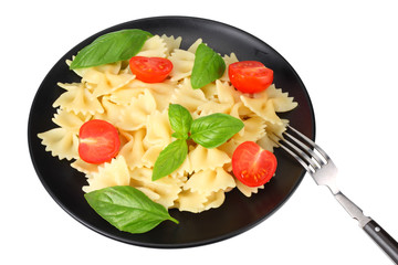 farfalle pasta isolated on white background, plate of pasta