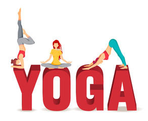 Vector illustration with Women performing yoga poses. Wellness, flexibility and endurance, Yoga Day, healthy lifestyle, sport design. Can be used for poster, banner, card, cover, flyer.