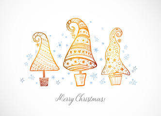 Greeting christmas card with three gold ornated doodle christmas trees on white background.