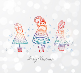 Greeting christmas card with three ornated doodle christmas trees on white glowing background.