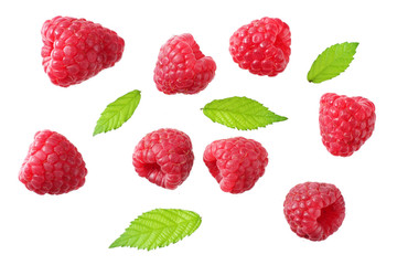 ripe raspberries with green leaf isolated on white background. top view