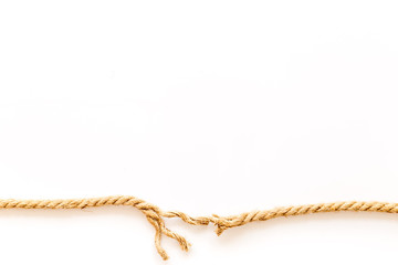 risk concept with rope near to break on white background top view space for text