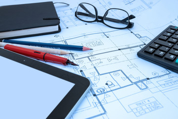 architect design working drawing sketch plans blueprints in architect studio