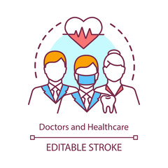Doctors, healthcare concept icon. Medical workers, cardiologists, dentists in uniform idea thin line illustration. Health monitoring. Vector isolated outline drawing. Editable stroke