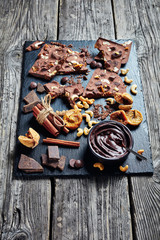 sweet chocolate bar on a stone tray