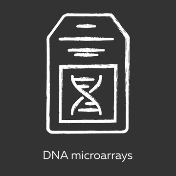 DNA microarray chalk icon. DNA chip. Microscopic chromosome spots collection. Small glass plate encased in plastic. Biochip. Gene research. Bioengineering. Isolated vector chalkboard illustration