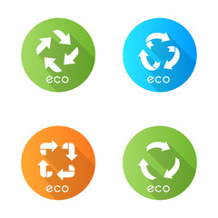 Eco labels green flat design long shadow glyph icons set. Arrows signs. Recycle symbols. Alternative energy. Environmental protection stickers. Eco friendly chemicals. Vector silhouette illustration