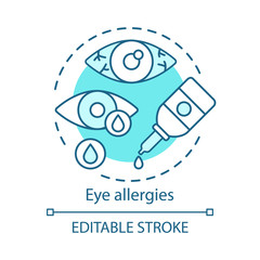Eye allergies concept icon. Allergic conjunctivitis idea thin line illustration. Seasonal spring, summer pollen allergy symptom. Bloodshot eye. Vector isolated outline drawing. Editable stroke