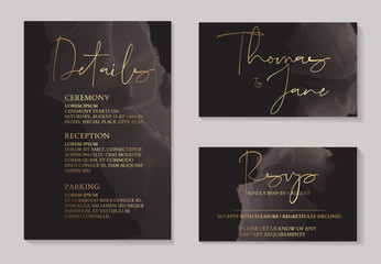 Luxury dark chocolate wedding invitation cards with gold marble texture and geometric pattern minimal style vector design template. Cute invitation, party collection.