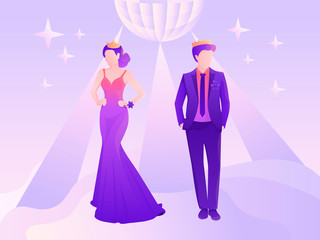 Young and beautiful prom king and queen under the disco-ball. Prom party night colorful vector illustration with faceless characters.